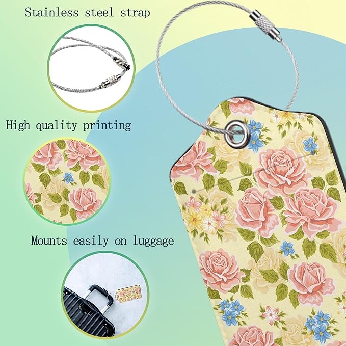 Pink Rose Luggage Tag,Flowers Retro Luggage Tags of Set 2 Leather Identifiers Privacy Cover with Stainless Steel Loop for Women Men Travel Bag Suitcase