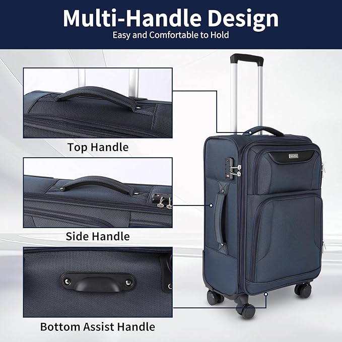 3-Piece Softside Expandable Luggage Set with Front Open Pocket, Lightweight and Durable Oxford Fabric Suitcase Set with TSA Lock (Blue, 20in/24in/28in)