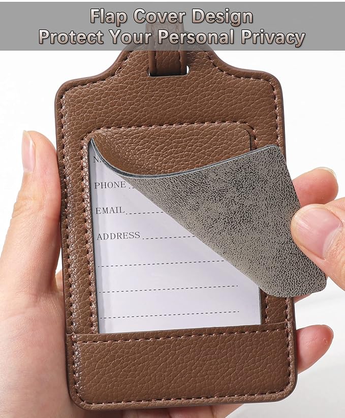 Teskyer Luggage Tags, 3 Pack Premium PU Leather Luggage Tags for Suitcases, Privacy Protection Travel Bag Tags, Lichee Coffee