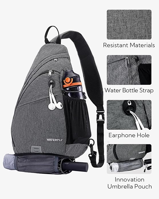 WATERFLY Large Crossbody Sling Bag: Over Shoulder Backpack Daypack Casual Cross Chest Side Pack