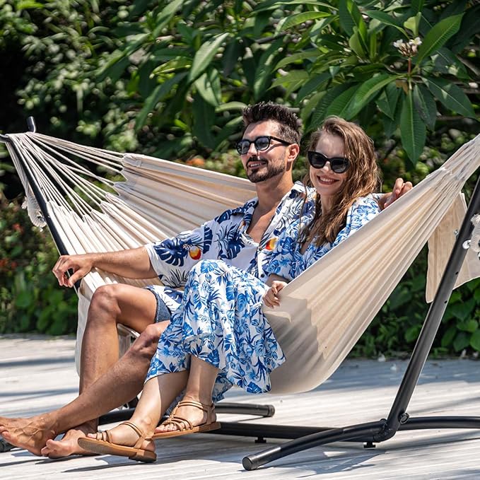 Lazy Daze Hammocks Double Hammock with 9ft Space-Saving Steel Stand Includes Portable Carrying Case, 450 Pounds Capacity (Natural)