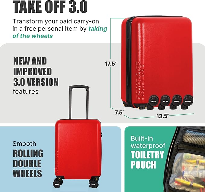 Take OFF Luggage Personal Item 3.0 – 18x14x8 Underseat Carry On with Removable Wheels – TSA Lock, Hardshell Suitcase – Fits Tight Airline Size Rules – No-Fee Lightweight Travel Bag