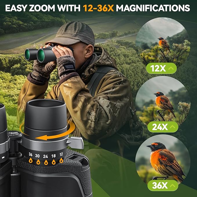 12-36X50 High Powered Zoom Binoculars for Adults - Wozel HD Professional Binoculars with Large Vision - Waterproof Binocular with Low Light for Bird Watching Travel Hunting Sports Cruise Outdoor