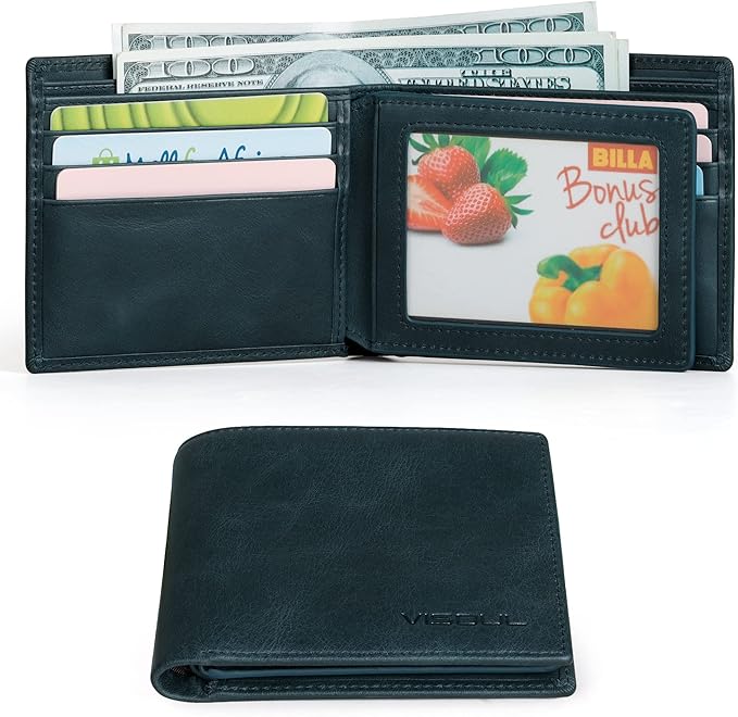 VISOUL Mens Bifold Leather RFID Blocking Wallet with 2 ID Windows, Soft Genuine Leather Card Holder Wallet with 2 Cash Compartments for Men (Dark Blue)
