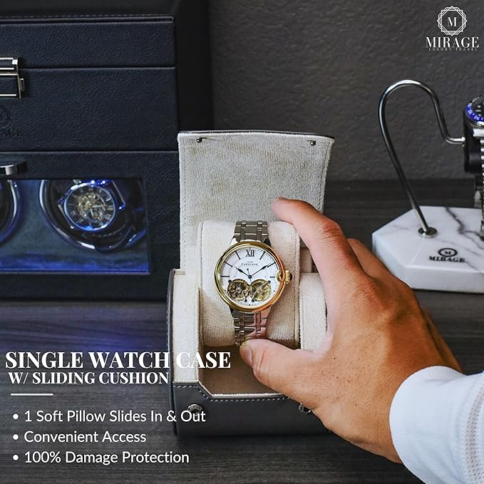 Gray/Ivory - 1 Watch Travel Case for Men - Single Watch Case Storage - Gift Idea Travel Accessory - Slate Gray/Ivory - Mirage Watch Roll Cases Vegan Leather