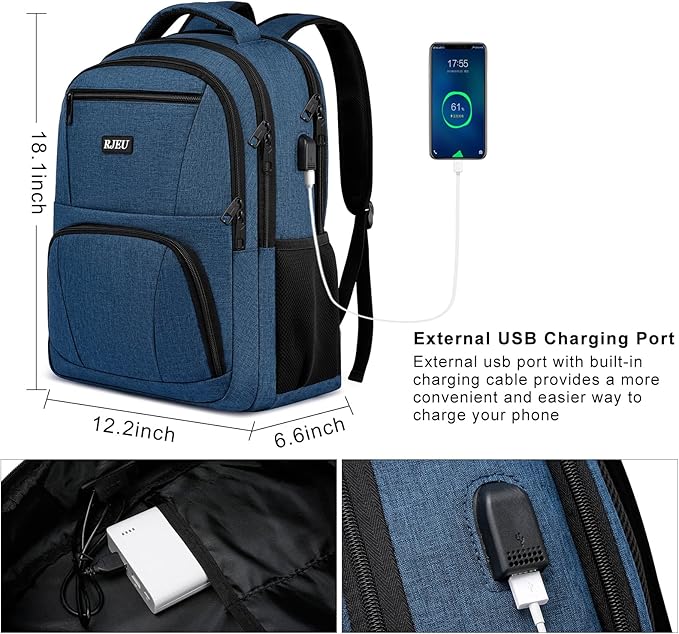 School Backpack for Teens & College Students - 15.6 Inch Laptop Backpack with USB Charging Port, Water Resistant Business Bookbag for Men, Boys, School, Blue