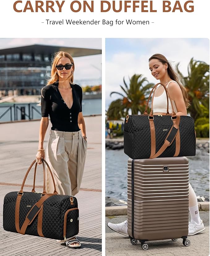 Women Duffle Weekender Travel Bag: Large Duffel Bags with Shoe Compartment Carry On Overnight Tote with Wet Pocket Traveling Weekend Gym Yoga Hospital Bag for Womens Black Brown