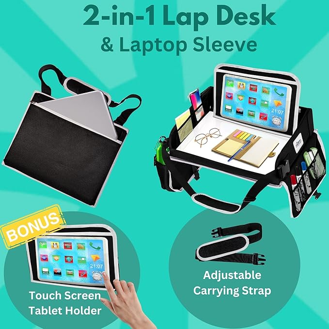 Travel Lap Desk, Travel Tray, Portable Lapdesk for Car, Remote Work, Road Trips, School, Laptop Pad with Storage Pocket, Tablet Holder, Shoulder Strap, Fits up to 15.6-Inch Laptop (Black)