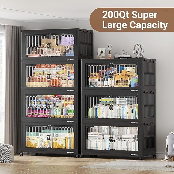 BROVIEW 600Qt Extra Large Stackable Storage Bins with Lid, Closet Organizer Collapsible Drawer Boxes with Wheels, Folding Plastic Cabinet Containers for Home Kitchen Room Organization, 3Pack Black
