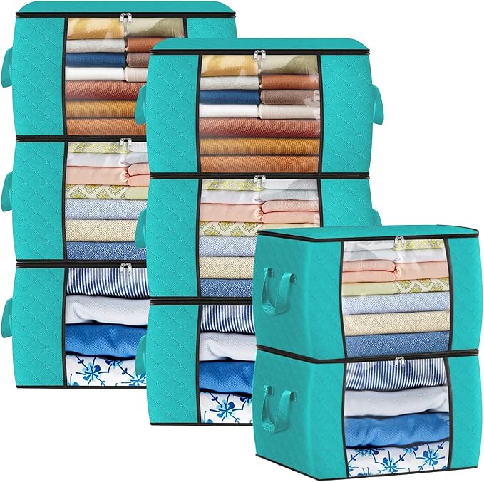 Fab totes 24 Gallons Clothes Storage, Foldable Thick Fabric Blanket Storage Bags, Containers for Organizing Bedroom, Closet, Clothing, Comforter, Organization with Handle (8 Pack,Green)
