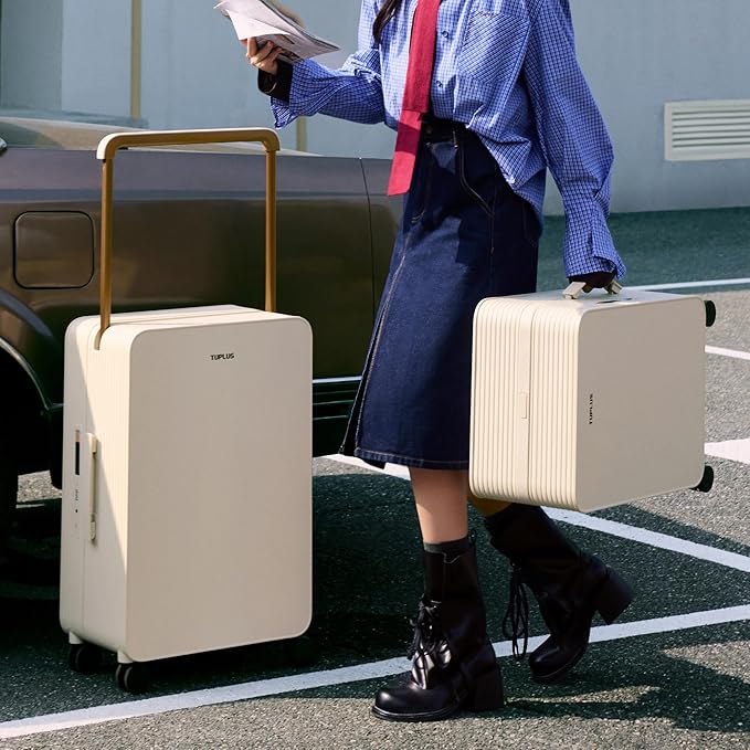 TUPLUS 24” Checked Hardside Luggage Lightweight ABS Travel Suitcase with Wide Handle Spinner Wheels TSA Combination Lock, Balance Series 2.0, Hazelnut Almond