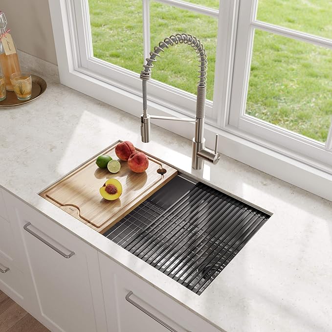 KRAUS Kore Workstation 30-inch Undermount 16 Gauge Stainless Kitchen Sink, Single Bowl Kitchen Sink with 3/4 HP Garbage Disposal, KWU110-30-100-75MB