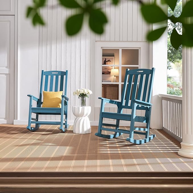 Psilvam Oversized Outdoor Rocking Chair Set of 2, Porch Rocker with 21" Wide Seat and 32" Tall Backrest, Pre-Assembled with Most Components for Effortless Installation (Blue)