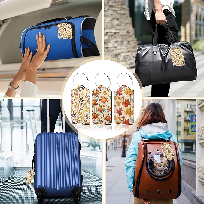 Hello Fall Luggage Tag for Suitcase,Autumn Leaves Design with Privacy Flap Name ID Label Metal Loop, 3 Pack