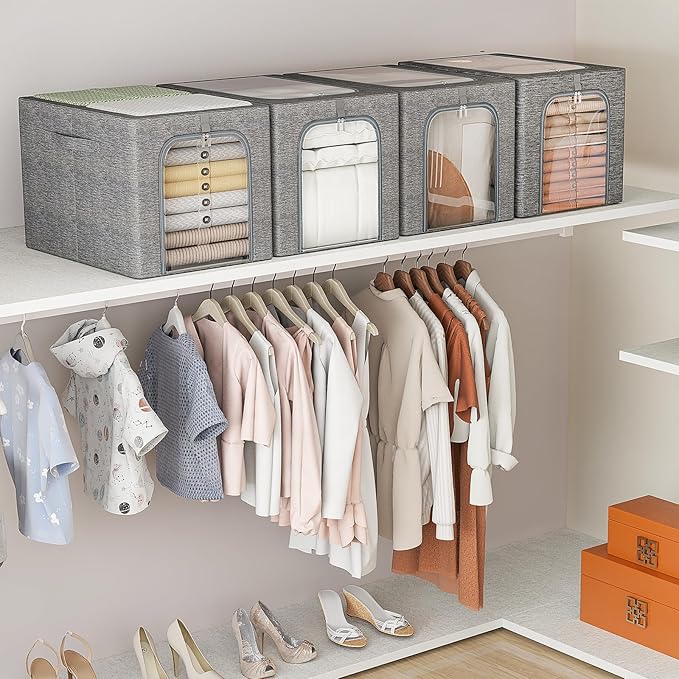 GoMaihe Clothes Storage Bin with Metal Frame: 6-Pack Stackable Closet Storage Bin with Lid & Clear Window, Sweater Boxes Storage for Closet Bedding Clothing Storage Organizer 40L