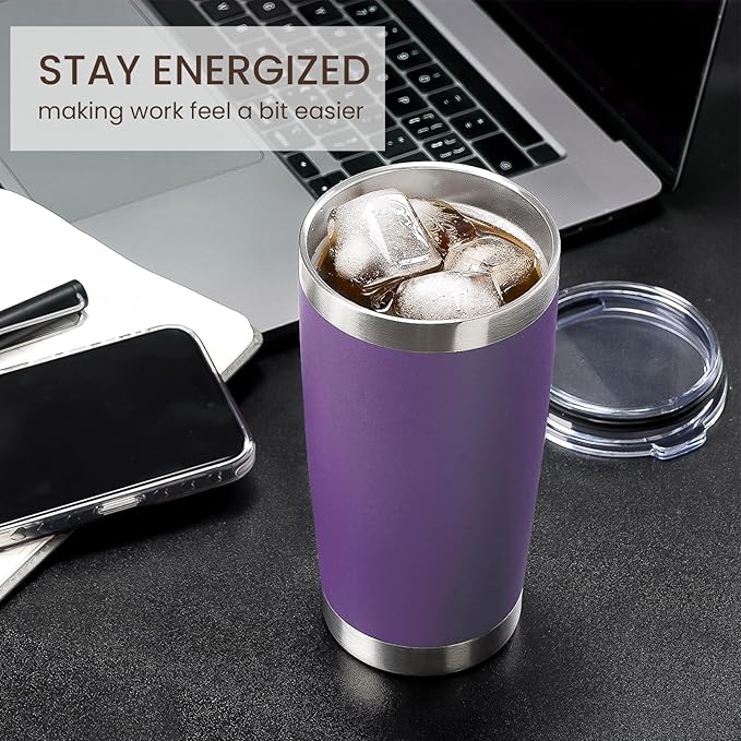 MEWAY 20oz Tumbler Cup Double Wall Vacuum Insulated Travel Mug Bulk, Stainless Steel Tumblers with Lid and Straw, Durable Powder Coated Coffee Cups for Cold & Hot Drinks (Purple, 1)
