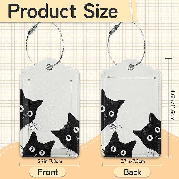 Black Cat Luggage Tag for Suitcase,Design with Privacy Flap Name ID Label Metal Loop, 3 Pack