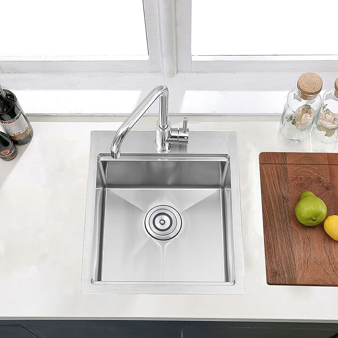 COMLLEN 17x19 Inch Drop in Bar Sink, Outdoor Sink 304 Stainless Steel Kitchen Workstation, 16 Gauge 9 Inch Deep Brushed Nickel, RV Laundry Utility Kitchen Sinks with Cutting Board Grid Drain