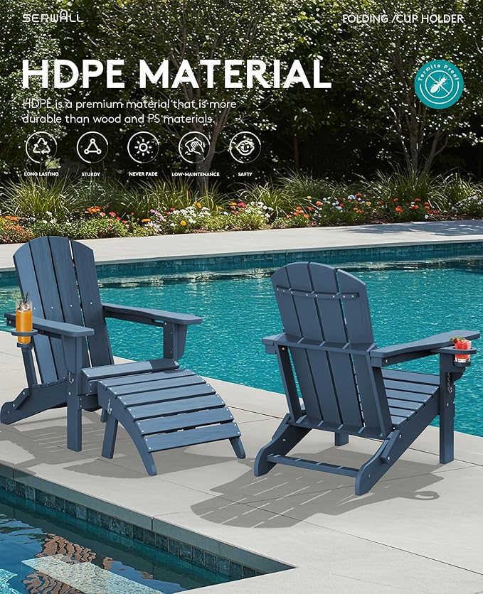 SERWALL Folding Adirondack Chair, Dual Cup Holders & All-Weather HDPE, Wood-Like Patio Chair for Backyard, Camping，Pool & Fire Pit- Navy