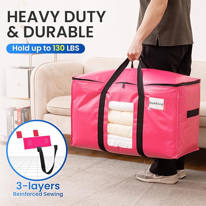 TAILI 12 Pack Pink Extra Large Moving Bags, Heavy Duty Totes with Visible Window, Wrap Around Handles, Space-Saving Storage Solution, Alternative to Moving Boxes