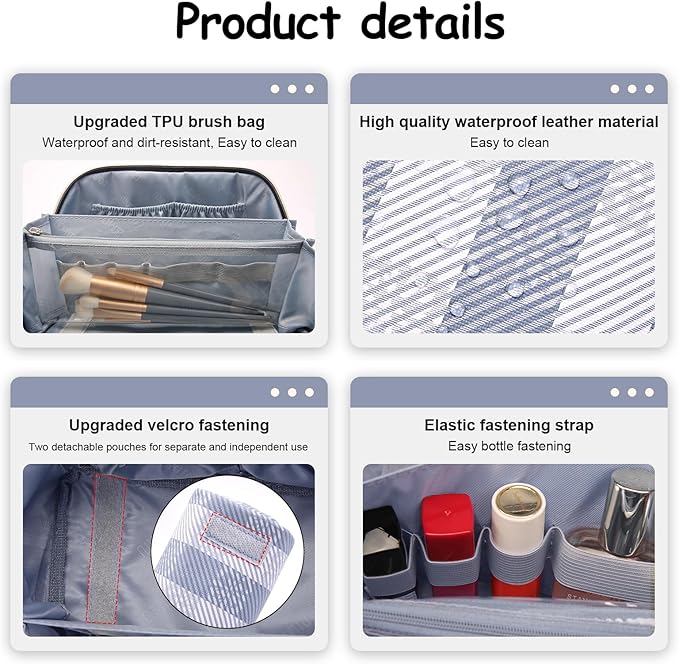 BOYATU Makeup Bag Travel Cosmetic Bag: 3 Pcs Set Portable Make up Bags for Women with Handle - Waterproof Vegan Leather Toiletry Organizer Bags with Comparments (F-05-Blue)