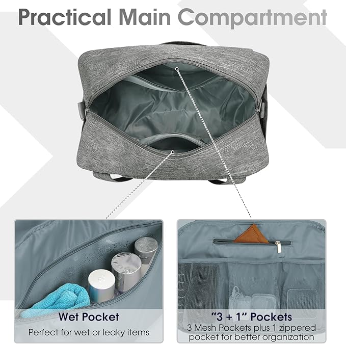 Narwey 18" Carry on Bag Underseat Luggage for Airplane Spirit Airlines Personal Item Bag Travel Duffel Bag Small Gym Bag Weekender Overnight Bag with Wet Pocket for Women and Men (Grey)