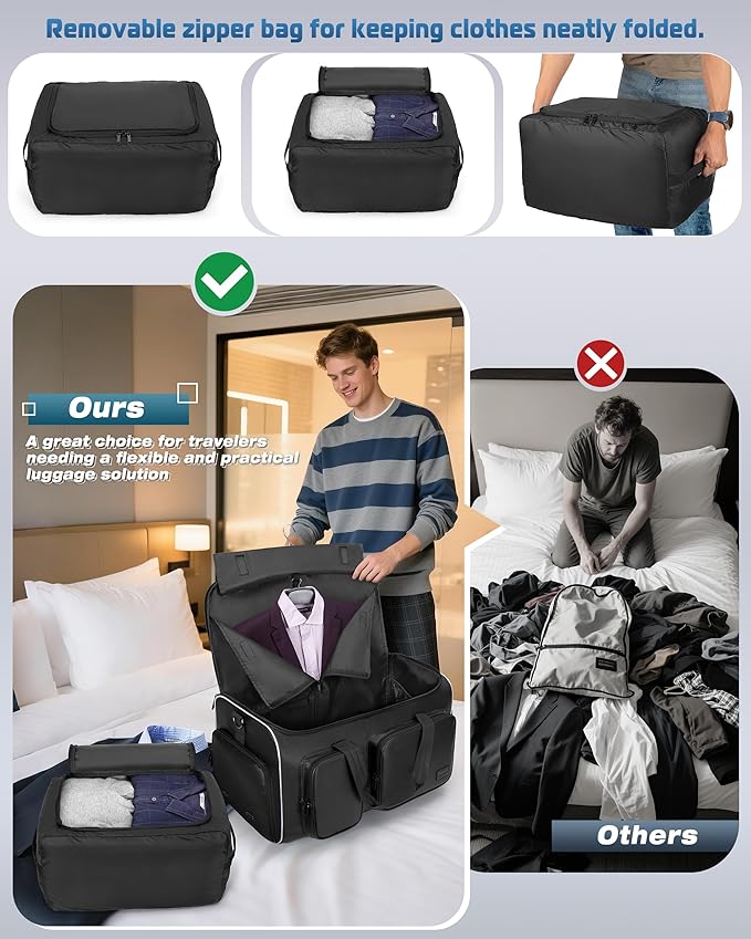 50L Convertible Garment Duffle Bag Backpack with Inner Removable Bag and Shoe Compartment, Travel Suit Bag for Business or Wedding Trips, Black