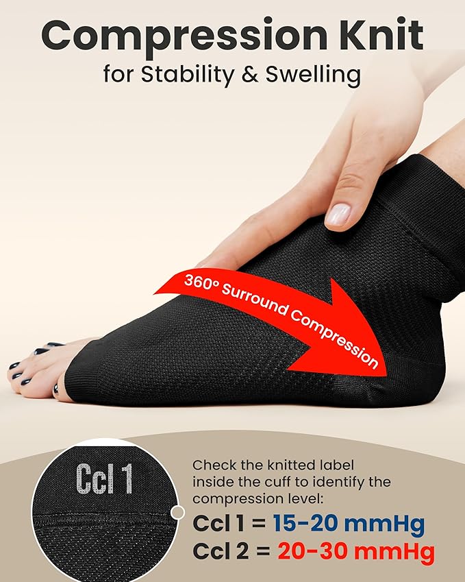 KEMFORD Ankle Compression Sleeve - Plantar Fasciitis Braces - Open Toe Compression Socks for Swelling, Sprain, Neuropathy, Foot Arch Support for Men and Women - 20-30mmhg, M, Black and White
