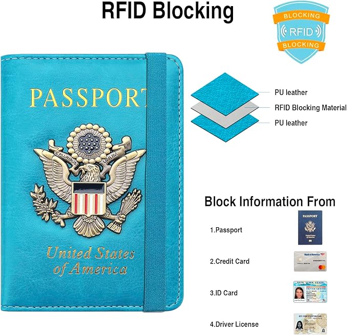 Passport Holder for Travel Passport Cover for Men Passport Wallet Case With 3D Metal Badge Protector Leather Card Case RFID Blocking Women Travel Accessories Document Organizer (Sky Blue)