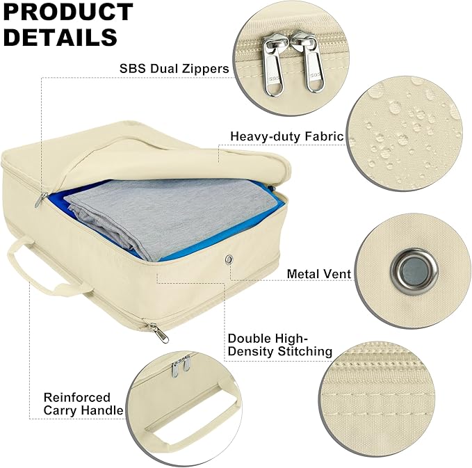 Compression Packing Cubes for Travel Essentials, 2 Pack Expandable Travel Cubes for Packing Bags Suitcase Organizer, Beige