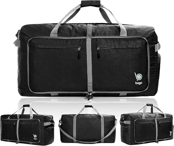 Bago Big XXL Foldable Duffel Bags for Traveling Women & Men - 140L Packable Duffle Bag for Travel with Shoe Compartment - Water Repellant, Heavy Duty, Lightweight Folding & Collapsible (Black)