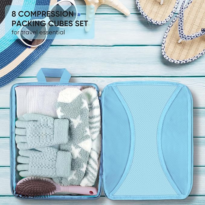 8 Set Compression Packing Cubes for Travel, Packing Cubes Compression Travel Accessories Expandable Packing Organizers for Carry on Luggage Suitcase (Gray)