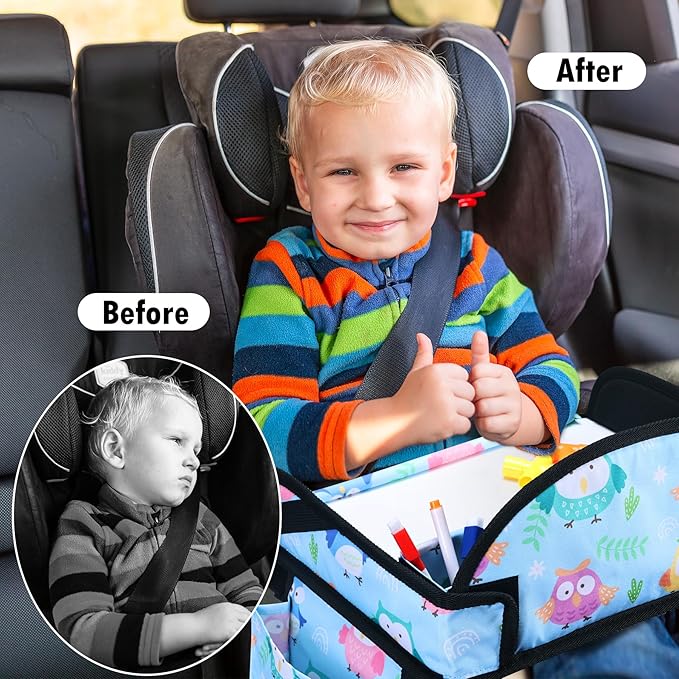 Kids Travel Tray, Car Seat Tray for kids Travel, Toddler Road Trip Essentials With Drawing Kit, Toddler Lap Desk Organizer for Car, Carseat Table for Airplane