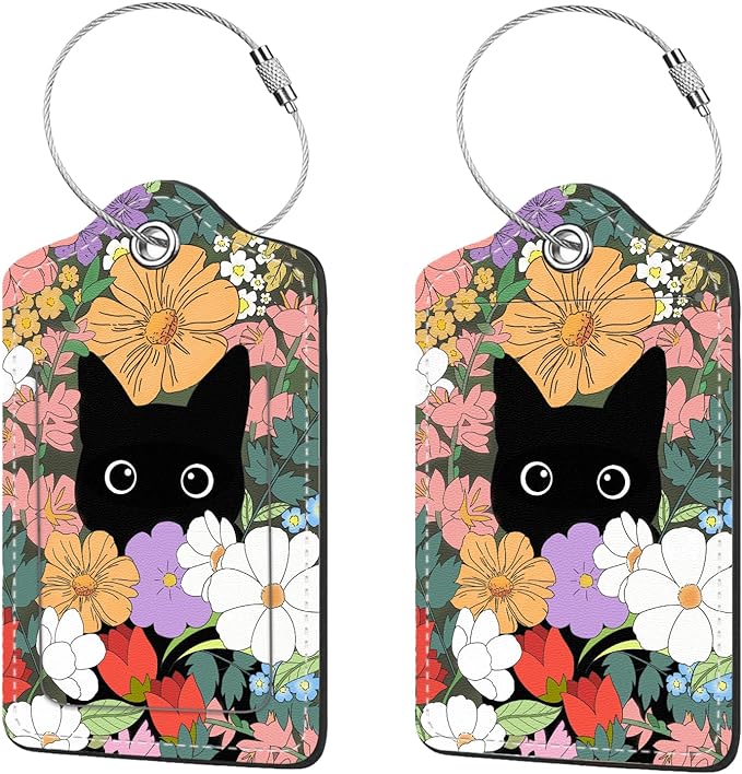 2 Pcs Luggage Tags for Suitcases, PU Leather Cruise Ship Luggage Tags with Privacy Cover Label Address Card and Durable Metal Ring Suitable for Men Women Handbags Backpacks,Flower Bushes and Cats