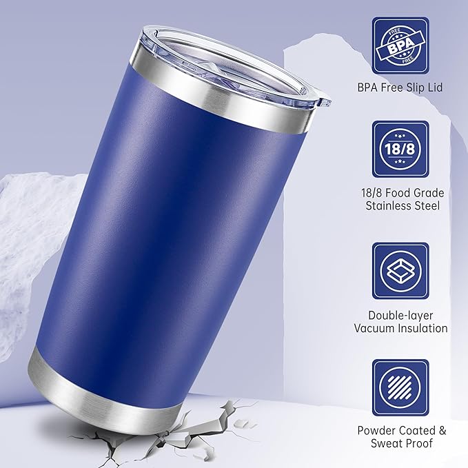 20 oz Tumblers Bulk Stainless Steel Tumbler with Lid Double Wall Vacuum Insulated Coffee Mug 20oz Powder Coated Cup for Hot and Cold Drinks (Blue, 12 pack)