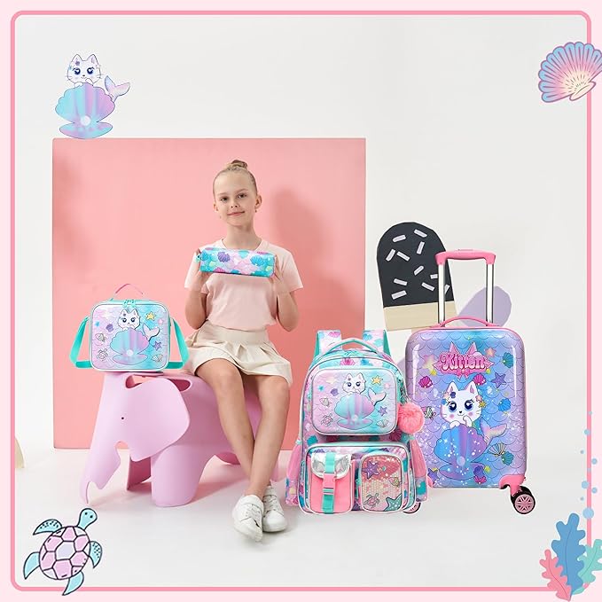 Cute Cat Kid’s Luggage Set 5 Piece Suitcase Set 16’’ Hardside Luggage with Spinner Wheels Girls Boys Carry on Toddler Luggage Travel Rolling Luggage Airline Approved