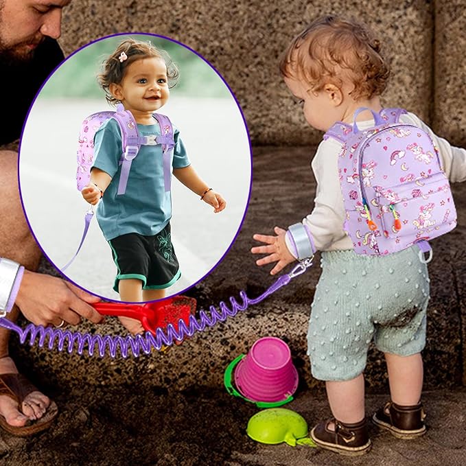 Accmor Toddler Backpack Leash with Anti Lost Wrist Link, Cute Mini Child Walking Harnesses Keep Kids Close Back Pack Rope Tether Rein for Baby Boys (Purple/Unicorn)