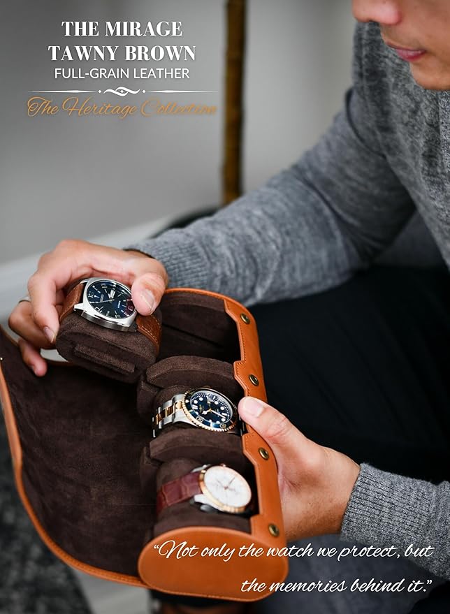 Watch Travel Case for Men – Leather Watch Roll Case Organizer – 3 Watches - Brown Full Grain Cow Leather