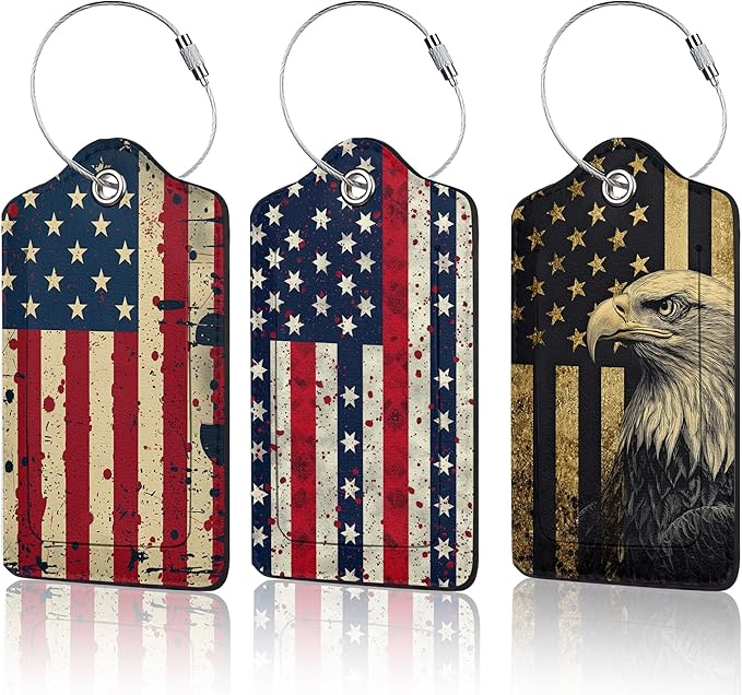 3 Pack PU Retro American Flag Leahter Luggage Tag with Stainless Steel Loop,Travel Suitcase Labels with Privacy Cover ID Label Quickly Spot for Bags