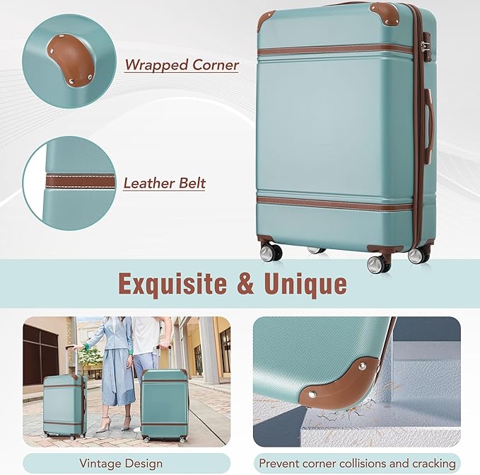 Merax Luggage Set 2 Piece Suitcase Set with Cosmetic Case Expandable Spinner Wheels Vintage Luggage Sets(Blue Green,20"+24")