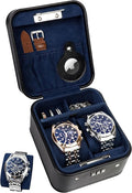 KAMIER Watch Travel Case with Combination Lock - 2 Watch Storage and Jewelry Organizer - Watch Case for Ring and Watch Storage, PU Leather Travel Watch Case, Ideal for Gift (With Gift Box) (Black)