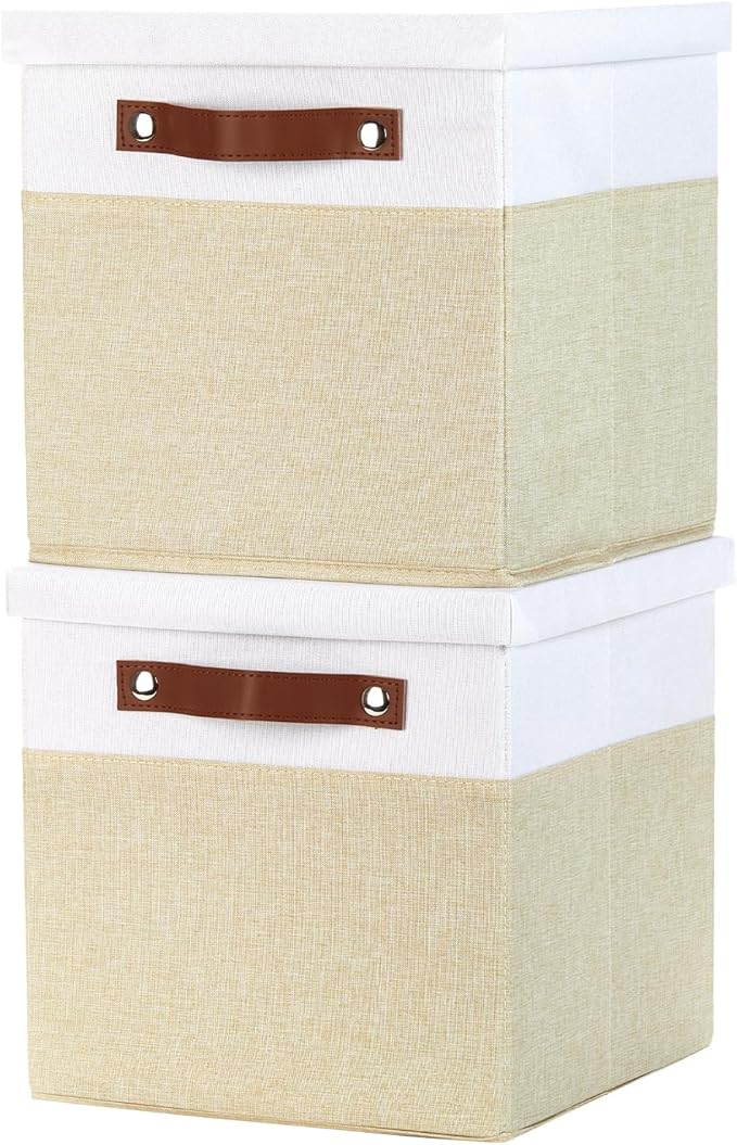 Temary Foldable Fabric Storage Bins with Lids, 2-Pack Storage Bin for Organizing Living Room, Closet Organization, Multi-Purpose Storage Boxes for Clothes (White&Khaki, 10.5x10.5x10.5in)