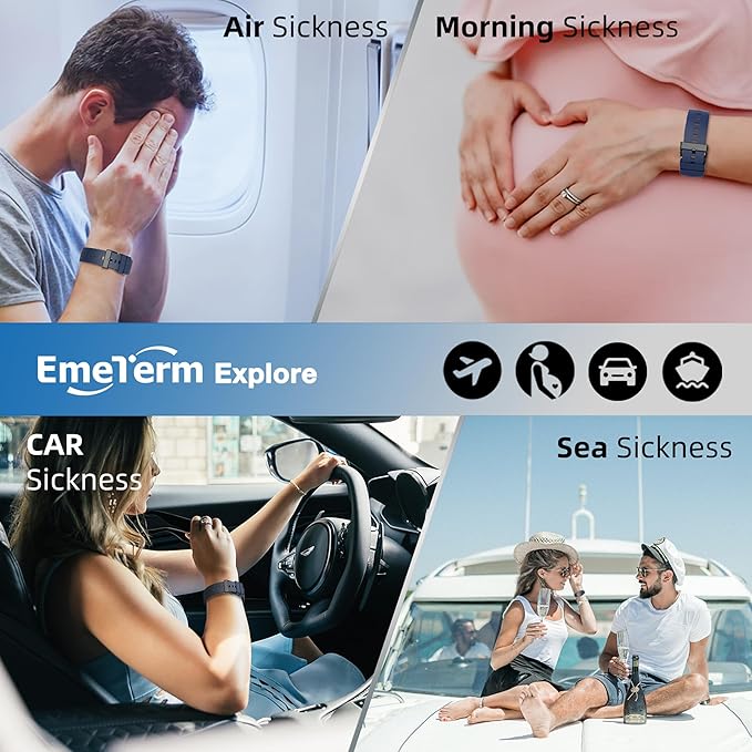 EmeTerm Explore FDA-Cleared Anti-Nausea Wristband IP67 Waterproof Morning Motion Travel Sickness Vomit Relief Rechargeable No Gel Drug Free Without Side Effects (2 Pack)