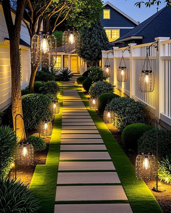 Hanging Solar Lanterns Outdoor Waterproof, Vintage Copper Hanging Lantern Lights for Outside, Solar Chandelier Outdoor Idea for Yard Garden Pathway Gazebo Pergola Porch Decor, 2 Pack