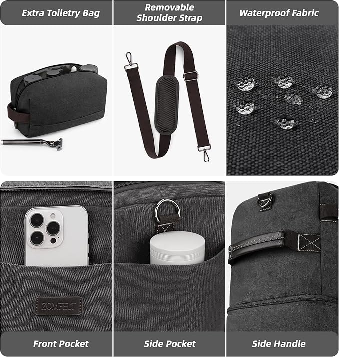 ZOMFELT Travel Duffle Bag for Men, Waterproof Canvas Overnight Duffel Bag with Removable Dividers & Shoe Compartment, Carry On Weekender Gym bag, Multi-Pocket & Vintage Design (Washed Black)