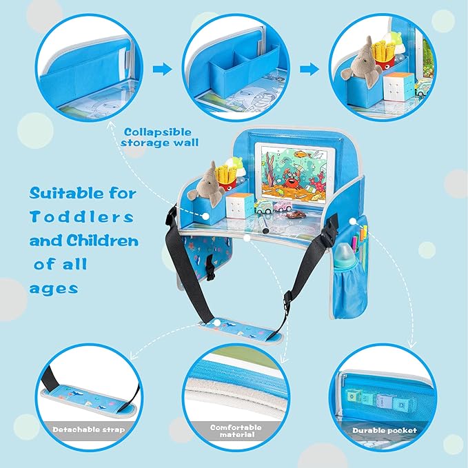 MENZOKE Kids Travel Tray for Boys or Girls, Travel Tray for Kids Car Seat with Tablet Holder, Dry Erase Board & Cooler Cup Holder, Road Trip Essentials Accessories for Car Trip, Airplane (2 Pack)