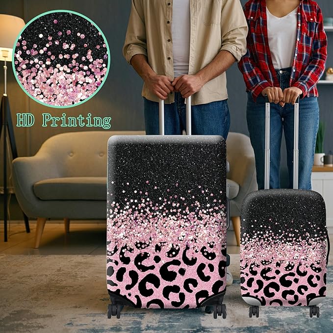 Luggage Cover + Tag, Pink Leopards Travel Suitcase Cover for 22-24 inch Luggage (M) with Concealed Zipper, Washable Elastic Cloth, Dustproof, Anti-Scratch