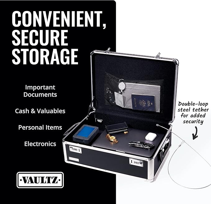 Vaultz Storage Lock Box - 6.5 x 23 x 13.5 Inch - Secure Dorm Storage Trunk with Combination Lock - Ideal Briefcase, Medicine Box, and Personal Item Lock Box - Store Cash, Laptop - Black/Silver