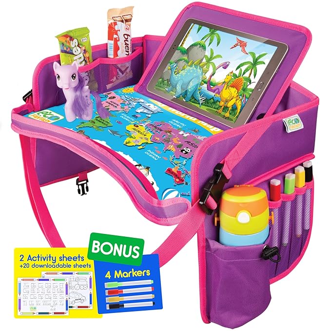 Kids Travel Tray - Waterproof Lap Table with No-Drop Large Tablet Holder - Car Seat Tray - Road Trip Essentials Kids - Car Desk Organizer for Airplane - Toddler Travel Essentials (Pink)