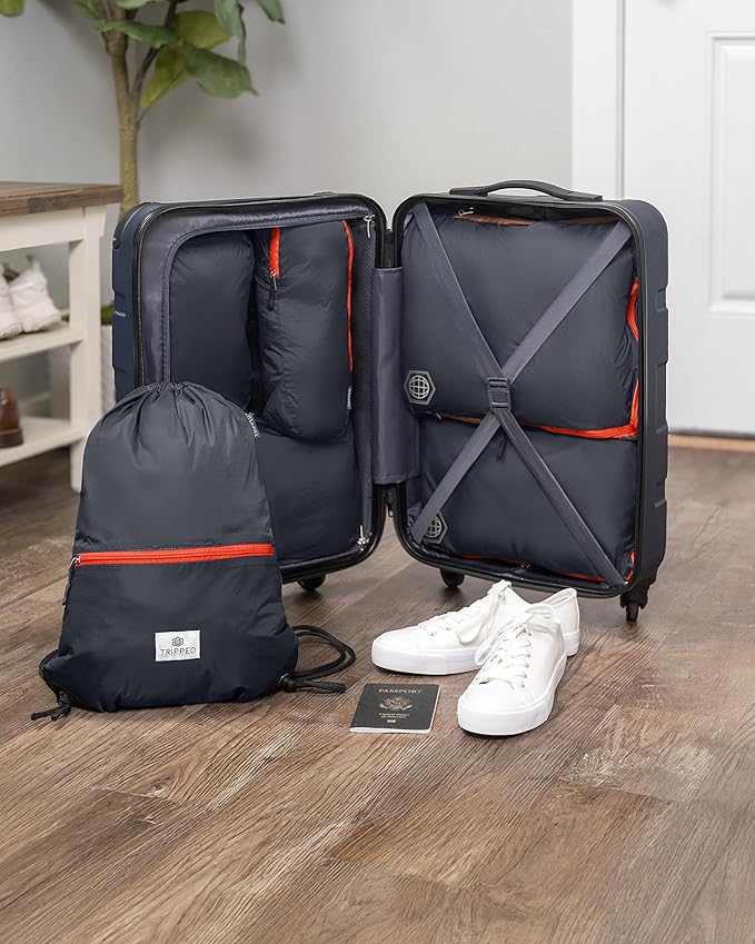 Large Compression Packing Cubes 6 Piece Set for Travel with Lightweight Laundry Bag/Drawstring Backpack for Carry-On Suitcase (Grey/Orange)